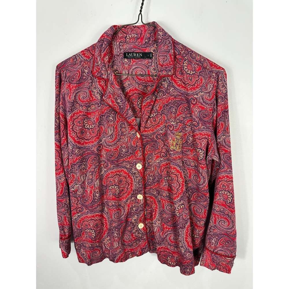 Lauren Ralph Lauren Pajama Top Womens L Red Paisley Long Sleeve Sleep Shirt‎ LRL